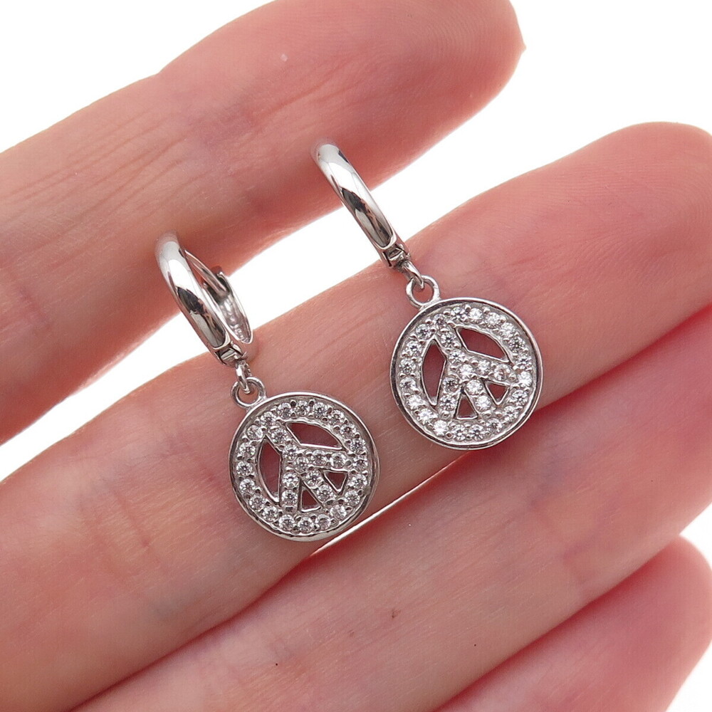 925 Sterling Silver Round-Cut C Z Peace Symbol Dangle Earrings